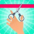 Hand with pair of scissors cutting the red band. Royalty Free Stock Photo