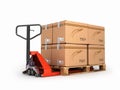 Hand pallet truck carries a pallet with boxes are on a Royalty Free Stock Photo