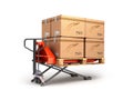 Hand pallet truck carries a pallet with boxes are on a Royalty Free Stock Photo
