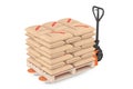 Hand Pallet Truck Jack with Stack of Paper Sacks Cement Bags. 3d Rendering Royalty Free Stock Photo