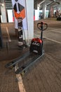 A hand pallet truck at a warehouse equipment exhibition Royalty Free Stock Photo