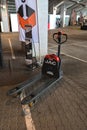 A hand pallet truck at a warehouse equipment exhibition Royalty Free Stock Photo