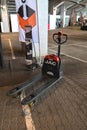 A hand pallet truck at a warehouse equipment exhibition Royalty Free Stock Photo