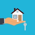 Hand palm holds house and key on finger. Concept for home agent, sale and rent of a house. Vector.