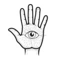 Hand palm of psychic with all seeing eye, mystic and occult palmistry, esoteric and fortune telling by hand