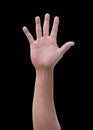 Hand palm up of man raising with five fingers isolated on black background with clipping path for vote, hi 5, help wanted