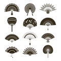 Hand paper fan vector icons. Chinese or japanese beautiful fans isolated. Black and white japanese souvenir fans Royalty Free Stock Photo