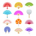 Hand paper fan vector icons. Chinese or japanese beautiful fans isolated. Colorful japanese souvenir fans illustration Royalty Free Stock Photo