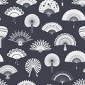 Hand paper fan vector seamless pattern. Chinese or japanese beautiful fans . Black and white asian souvenir fans Royalty Free Stock Photo