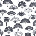 Hand paper fan vector seamless pattern. Chinese or japanese beautiful fans isolated. Black and white asian souvenir fans