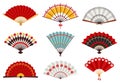 Hand paper fans. Asian traditional folding hand fan, japanese souvenir, wooden chinese hand traditional fans vector Royalty Free Stock Photo