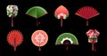 Hand paper fans. Oriental souvenirs. Japanese vintage tradition design. Japan or China pattern object. Handheld cooling