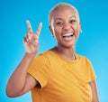 Hand, peace and black woman portrait in studio with thank you, success or feedback on blue background. V, sign and