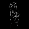 Hand Peace Sign with heart between fingers line art vector illustration on black background.Hand gesture V sign Royalty Free Stock Photo