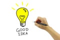 Hand with pen drawing big yellow light bulb with Good idea word Royalty Free Stock Photo