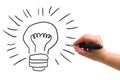 The hand with a pen drawing lightbulb Royalty Free Stock Photo