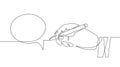 Hand with pen drawing speech bubbles. Sketch hand draws empty think balloon. Chat communication one continuous line