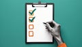 Hand with pen marks check boxes on paper sheet. Checklist, survey, business, concept, voting. Document, form, agreement, choice, Royalty Free Stock Photo