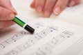 Hand with pen and music sheet Royalty Free Stock Photo