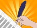 A hand with a pen puts a tick in the form, newsletters. Give voice. Cartoon Pop art background vector
