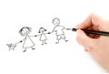 Hand with pencil drawing happy family