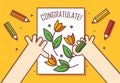 Hand with pencil draws a card with flowers. Congratulate! Thin line flat design card. Vector banner