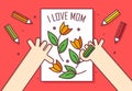 Hand with pencil draws a card with flowers. I love Mom. Thin line flat design greeting card. International Women`s Day.