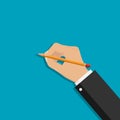 Hand with a pencil. Hand holding a pencil. Vector illustration