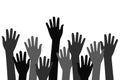 Hand of people raise. Silhouettes of volunteer hands. Team concept on white background. Abstract arms raising of human community Royalty Free Stock Photo
