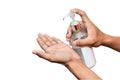 Hand of peple are push pump bottle applying alcohol gel or anti bacteria soap to make hands cleaning and clear germ, bacteria,