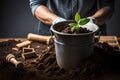 A Hand Of A Person Composting Organic Waste To Fertilise Their Garden -. Generative AI Royalty Free Stock Photo