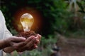 Hand of person holding light bulb for idea or success and solar Royalty Free Stock Photo