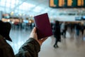 Passport in the hands of a tourist in the airport terminal. Generative AI