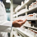 Hand of a pharmacist in a white coat in his pharmacy picking up a medicine. Concept of health and pharmacists. Generative ai