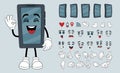 Hand phone characters creation. Mobile mascot constructor kit. Face expressions and arm gestures. Comic smartphone in