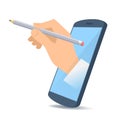 A hand from the phone`s screen holds an office pencil.