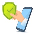 A hand from the phone`s screen holds a shield. Royalty Free Stock Photo