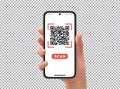 Hand with phone, scanning qr code, transparent background, vector illustration