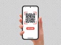 Hand with phone, scanning qr code, transparent background, vector illustration Royalty Free Stock Photo