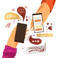 Hand with phone vector cartoon illustration. Smartphone with messenger, online chat, like and social engagement