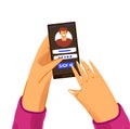 Hand with phone vector concept with user, logging in site or application. Login screen on a smartphone with man or woman