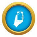 Hand photographed on mobile phone icon blue vector isolated