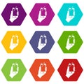 Hand photographed on mobile phone icon set color hexahedron