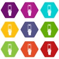 Hand photographs on smartphone icon set color hexahedron