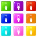 Hand photographs on smartphone icons 9 set
