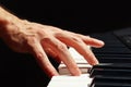 Hand of pianist play the keys of the electronic organ on black background close up