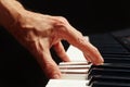 Hand of pianist play the keys of the electronic synth on black background close up