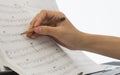 Hand of Piano Player is Writing Notes on Piano Staff or Sheet Music Royalty Free Stock Photo