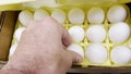 Hand picking eggs from a package 18 pack fresh eggs grocery store yellow and white