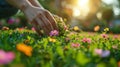 Hand picking flowers in sunlight. Royalty Free Stock Photo